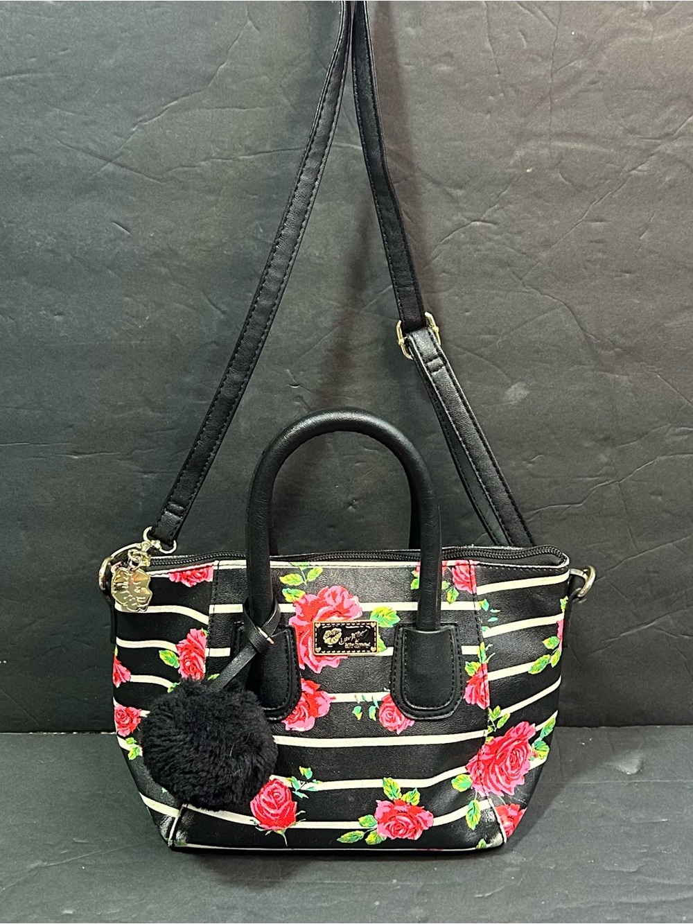 Vintage Y2K Betsey Johnson Crossbody Purse Roses & Black White Stripes, Charm’s